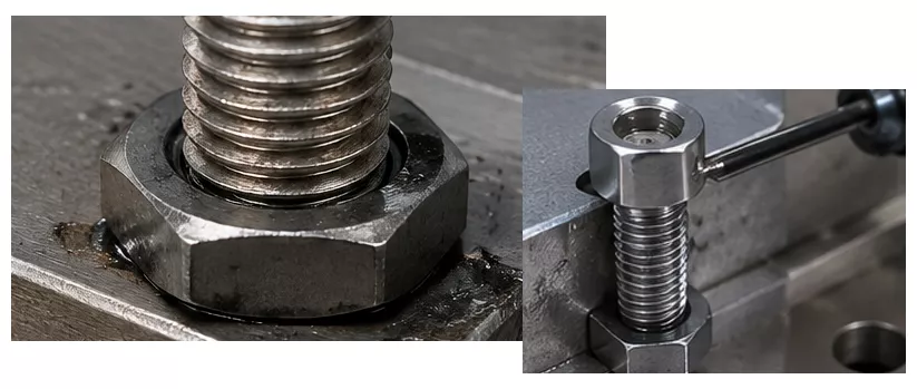 Tornillo y tuerca de acero inoxidable gripados, vista de detalle