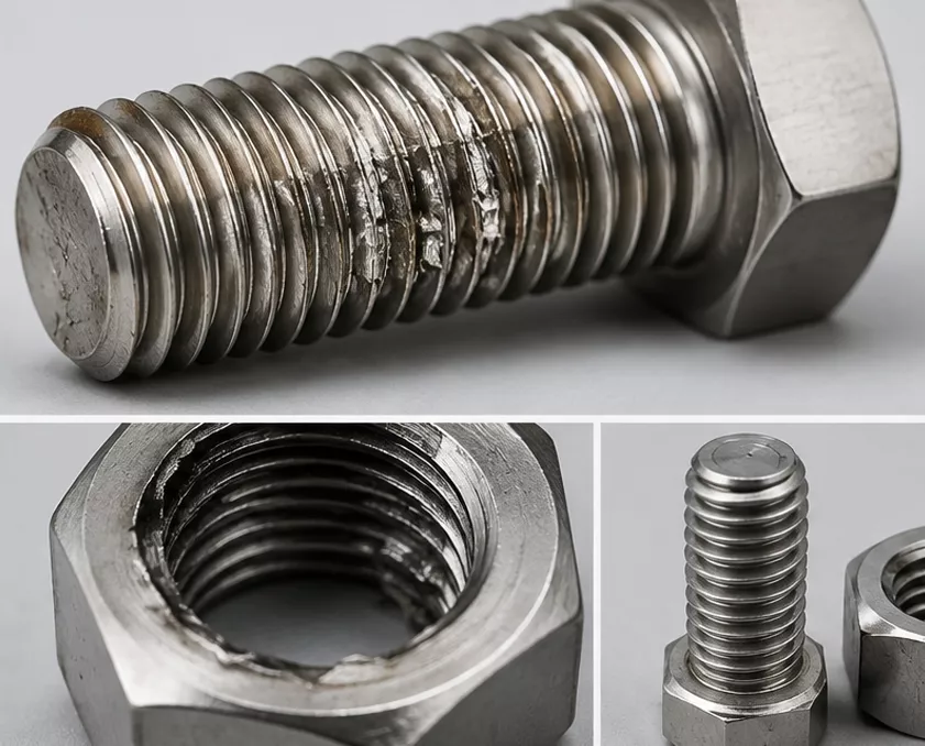 Tornillo y tuerca de acero inoxidable con signos de gripado